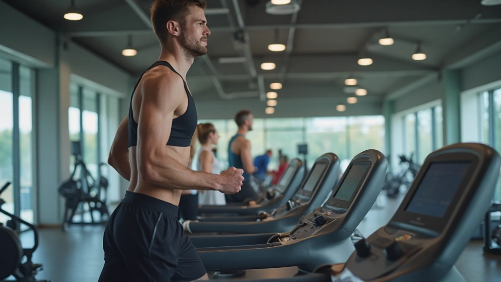Профессиональный спортсмен на беговой дорожке, выполняющий кардиотренировку в современном спортивном зале с естественным освещением
