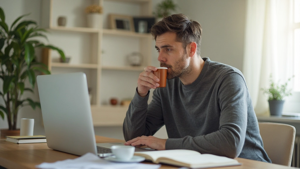 Профессиональное фото утренней рутины с кофе, дневником и ноутбуком в светлой комнате