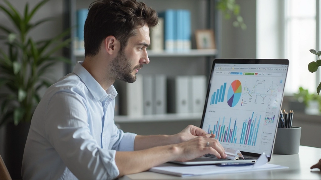 Человек работает над анализом данных и отслеживанием прогресса целей на ноутбуке