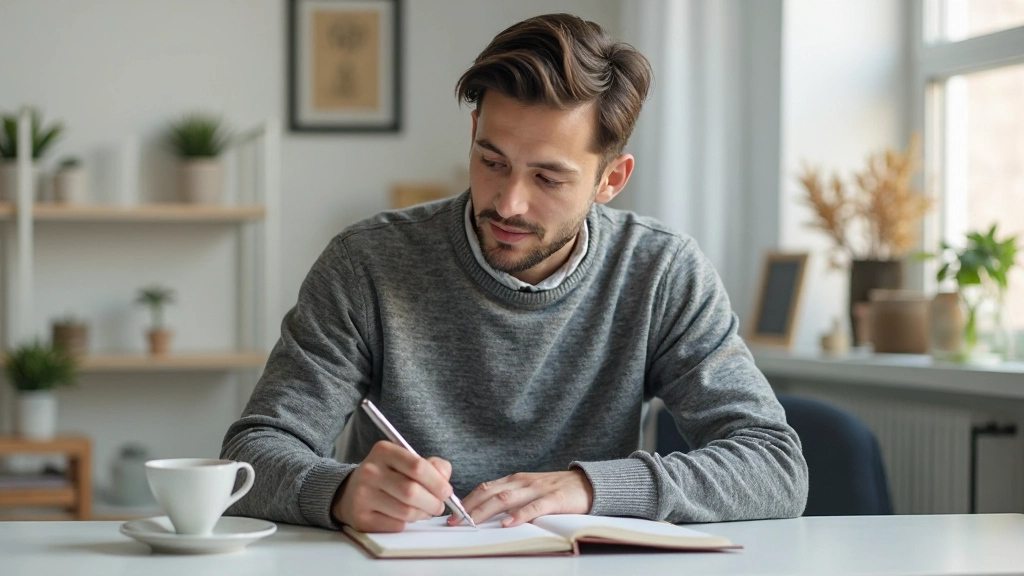 Профессиональное фото утренней рутины с кофе, дневником и ноутбуком в светлой комнате