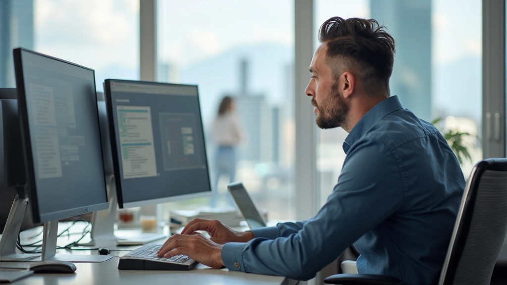 Профессиональное фото успешного человека, работающего над проектом в современном офисе с видом на город