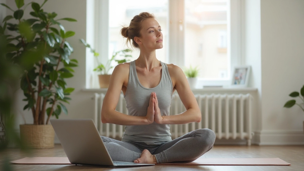 Профессиональная женщина выполняет йогу в домашнем офисе с ноутбуком, естественное освещение из окна, уютный интерьер