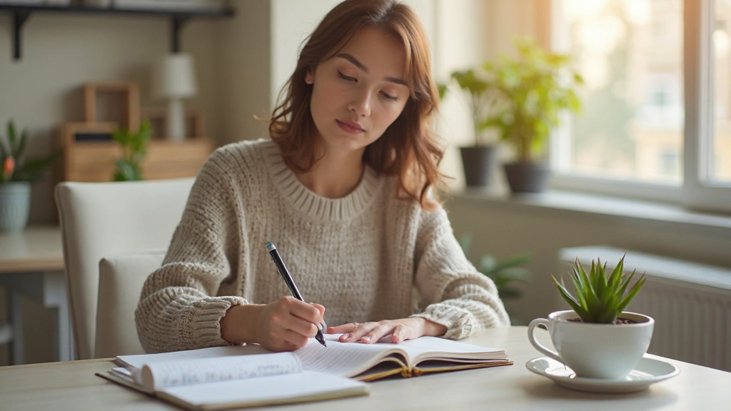 Человек планирует свой день в ноутбуке с утренним кофе