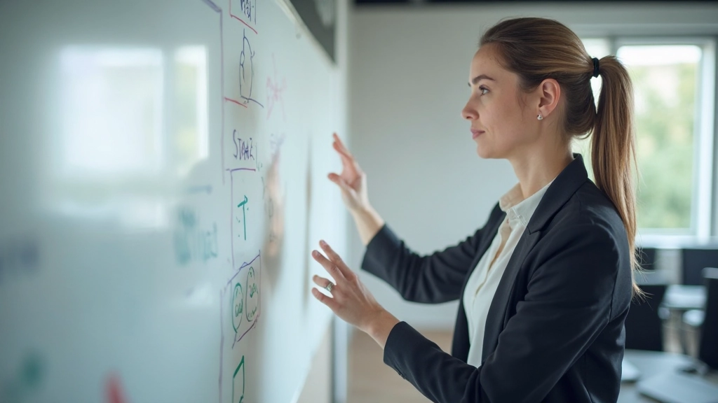 Женщина анализирует целевые показатели на интерактивной доске